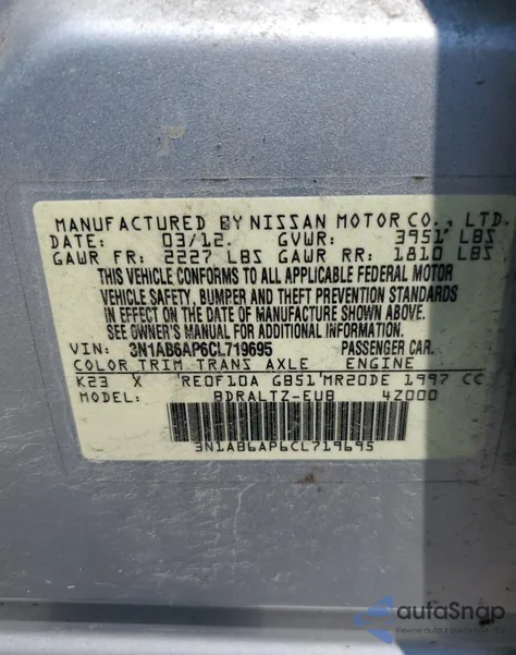 2012 Nissan Sentra 2.0 z USA, uszkodzony, nr VIN 3N1AB6AP6CL719695